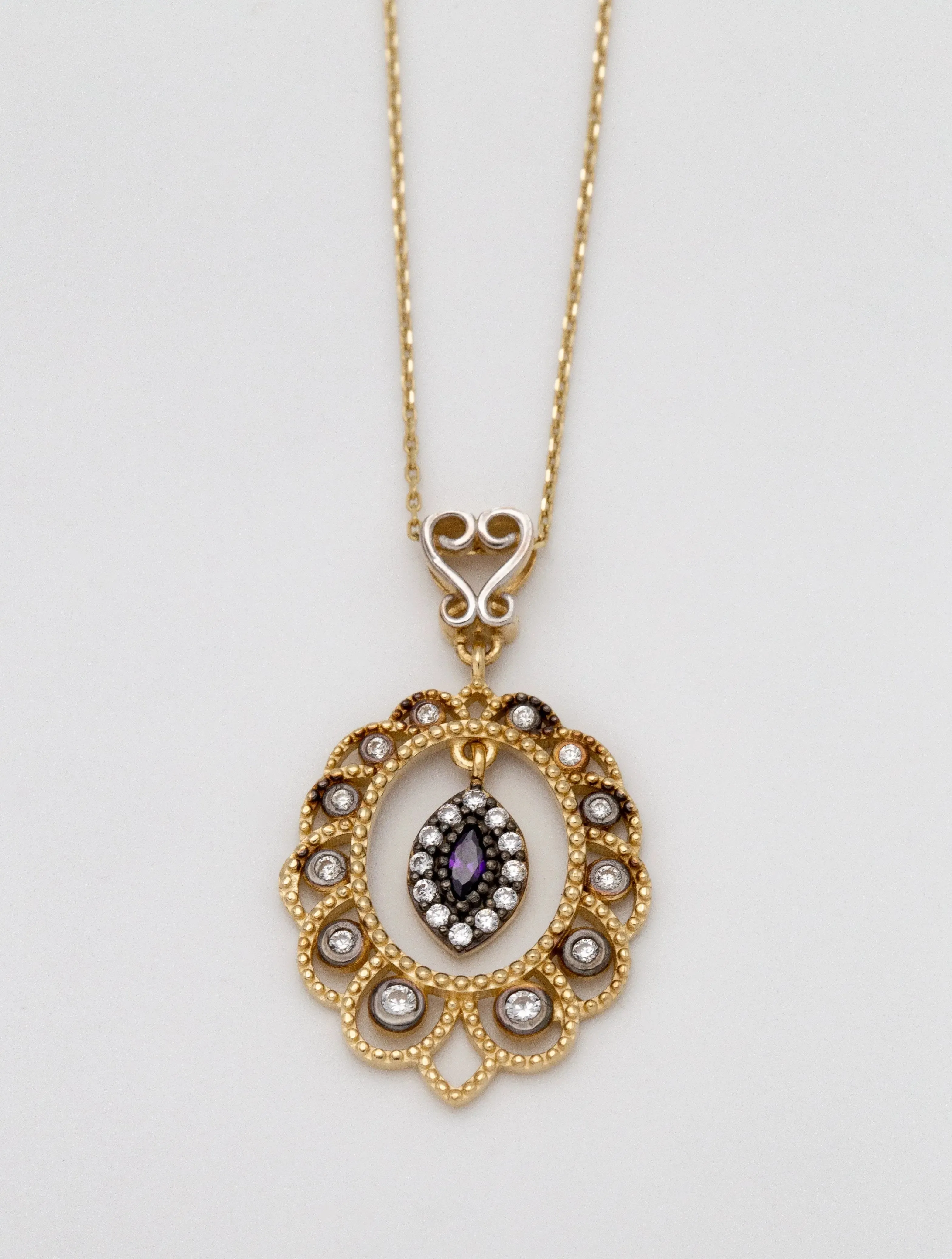 14K Yellow Gold Purple Stone And White Pendant Necklace