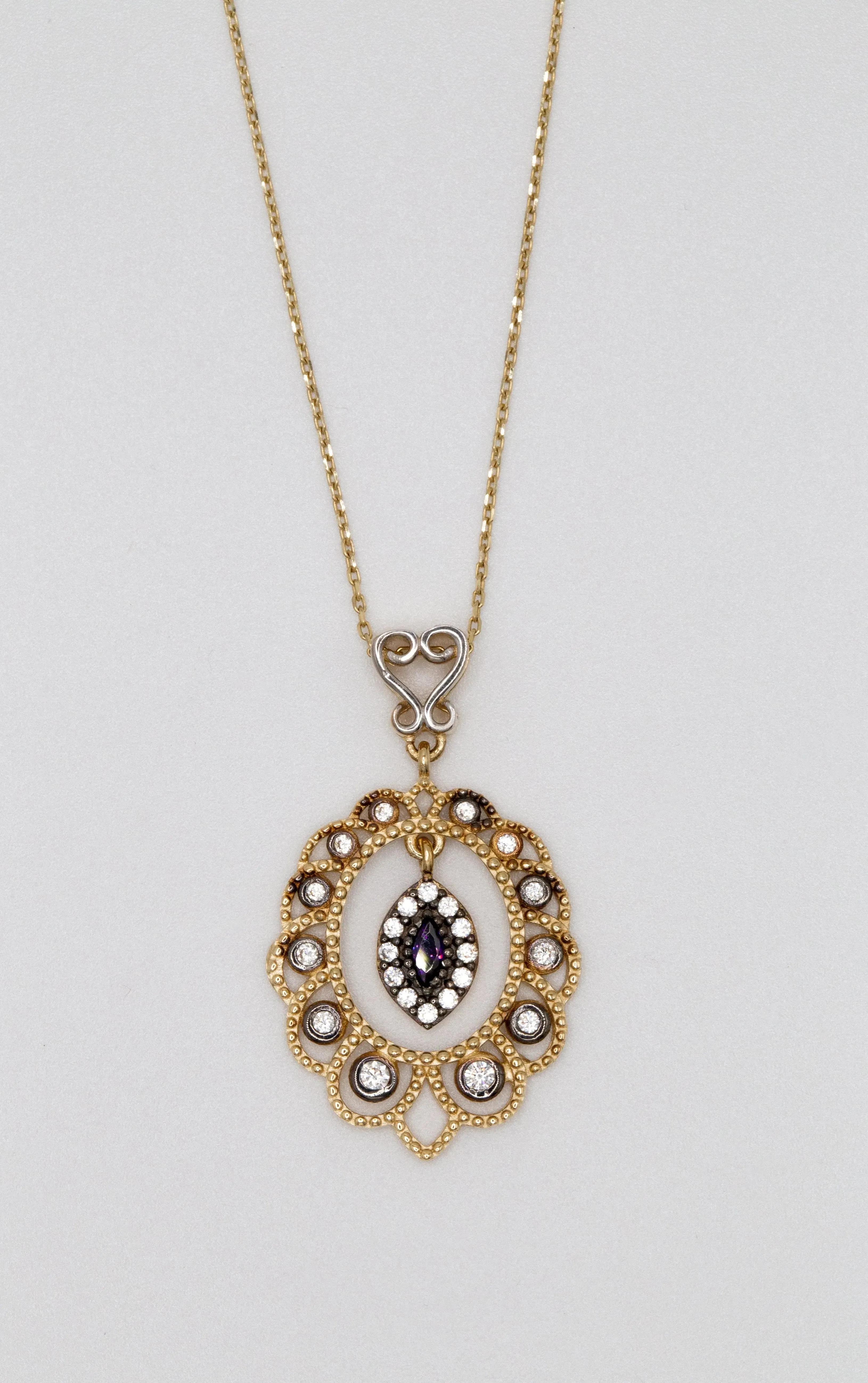 14K Yellow Gold Purple Stone And White Pendant Necklace
