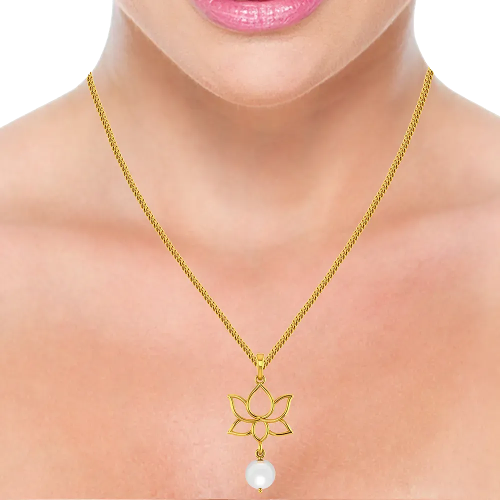 18k Lotus Shaped Gold Pendant With Pearl Detailing