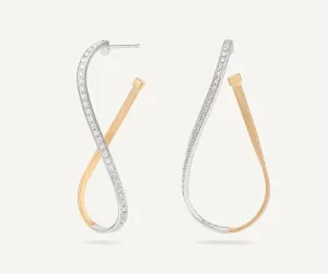 18K Yellow Gold Twisted Irregular Medium Hoops with Diamond Pavé
