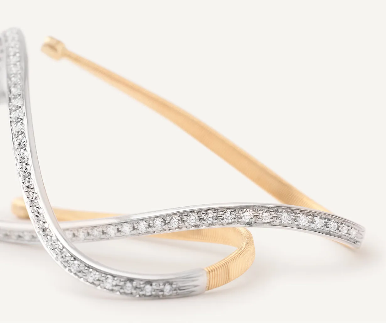 18K Yellow Gold Twisted Irregular Medium Hoops with Diamond Pavé