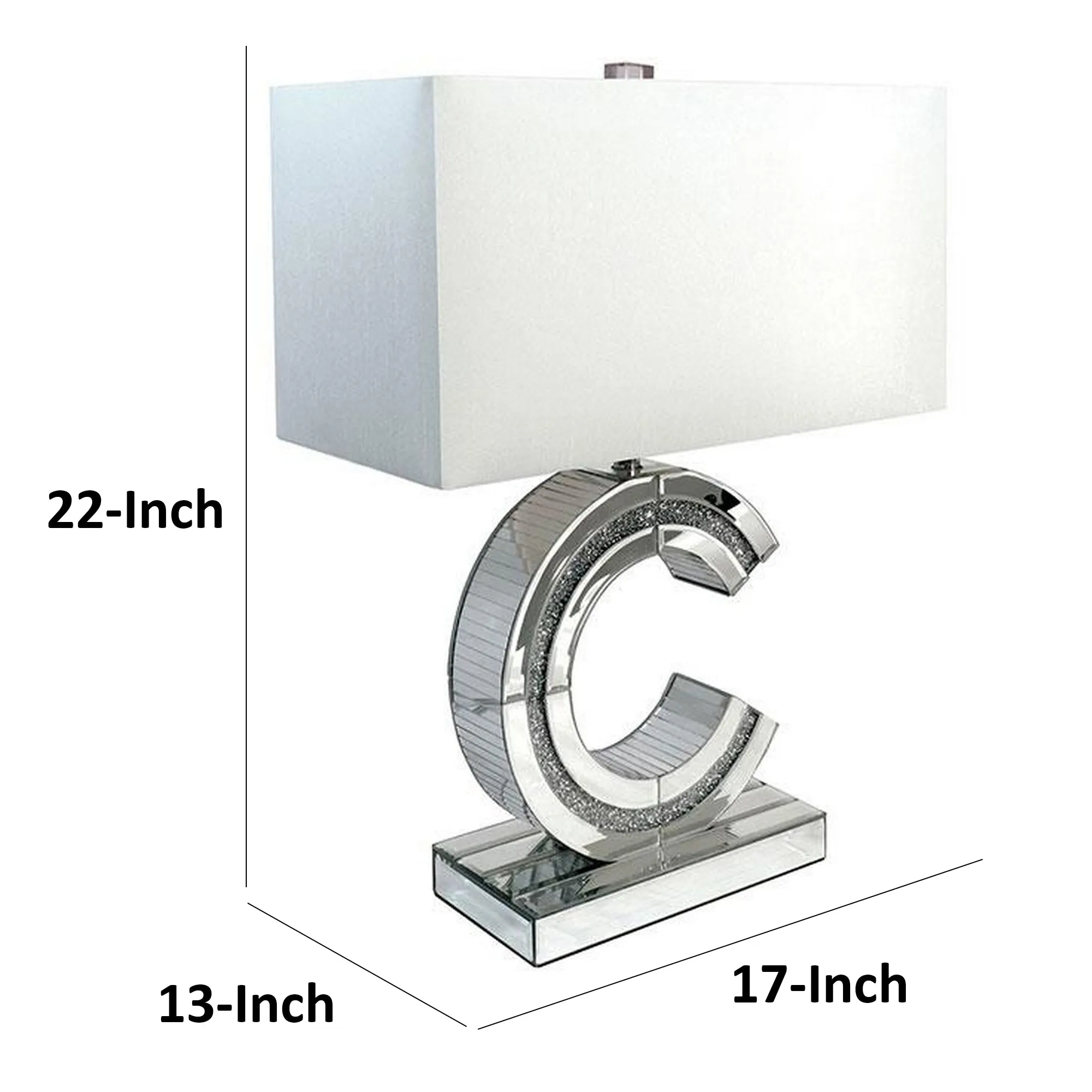 22 Inch Table Lamp, Encrusted Crystal, C Shaped Metal Frame, Glass, Silver By Casagear Home