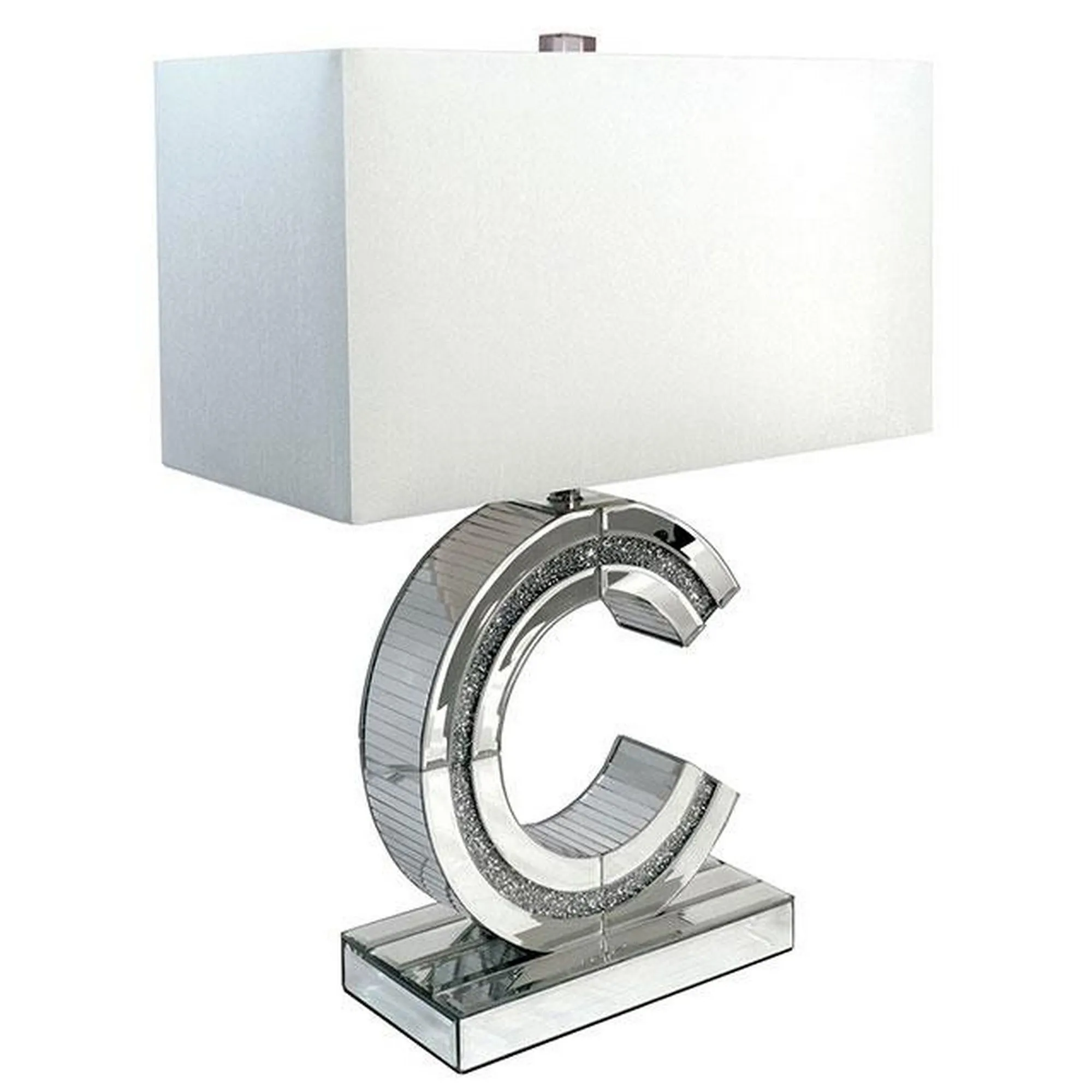 22 Inch Table Lamp, Encrusted Crystal, C Shaped Metal Frame, Glass, Silver By Casagear Home