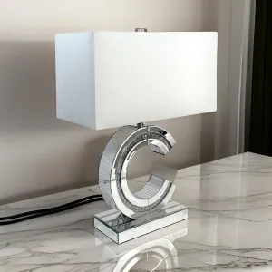 22 Inch Table Lamp, Encrusted Crystal, C Shaped Metal Frame, Glass, Silver By Casagear Home