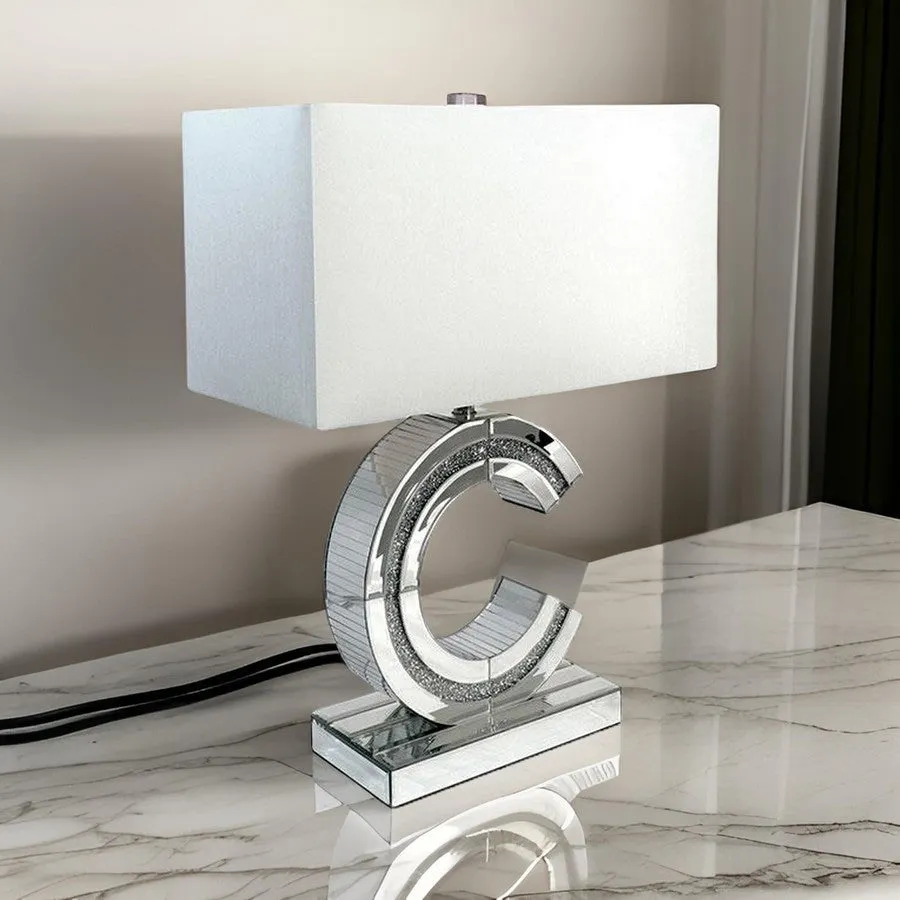 22 Inch Table Lamp, Encrusted Crystal, C Shaped Metal Frame, Glass, Silver By Casagear Home