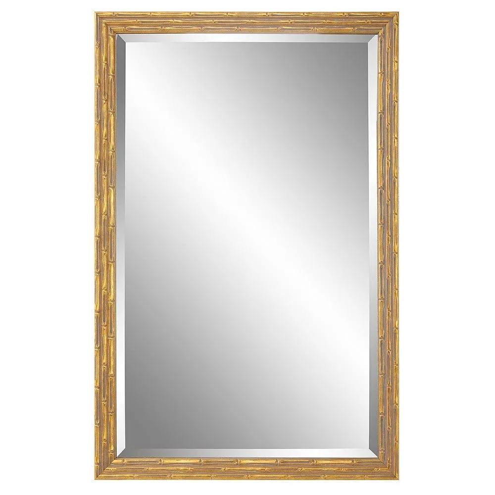 34 Inch Wood Rectangular Wall Mirror, Bamboo Design, Gold, Gray By Casagear Home