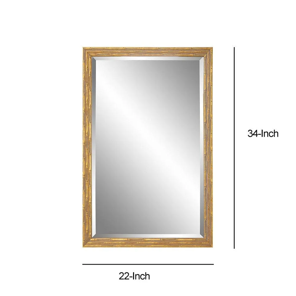 34 Inch Wood Rectangular Wall Mirror, Bamboo Design, Gold, Gray By Casagear Home