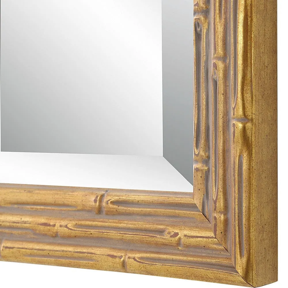 34 Inch Wood Rectangular Wall Mirror, Bamboo Design, Gold, Gray By Casagear Home