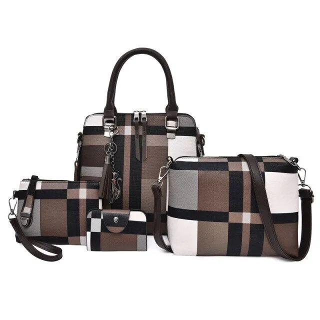 4PCS Women's Bag Set Fashion PU Leather Ladies Handbag Grid Print Messenger Shoulder Bag Wallet Bags Famous brand 2020