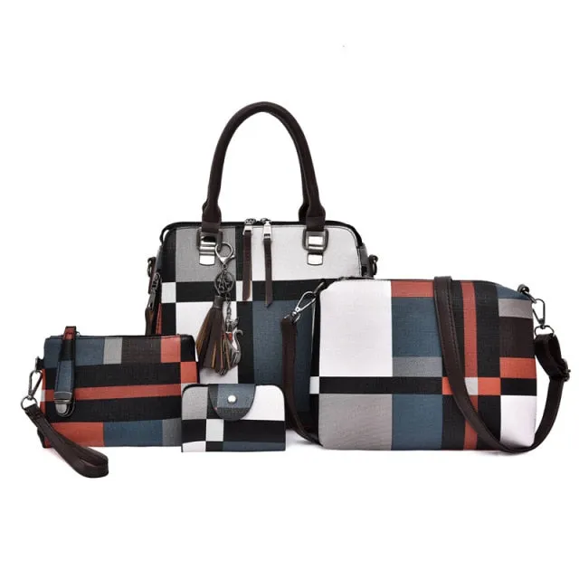 4PCS Women's Bag Set Fashion PU Leather Ladies Handbag Grid Print Messenger Shoulder Bag Wallet Bags Famous brand 2020