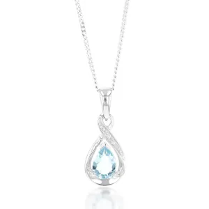 9ct White Gold Pear Shaped Aquamarine   Diamond Pendant
