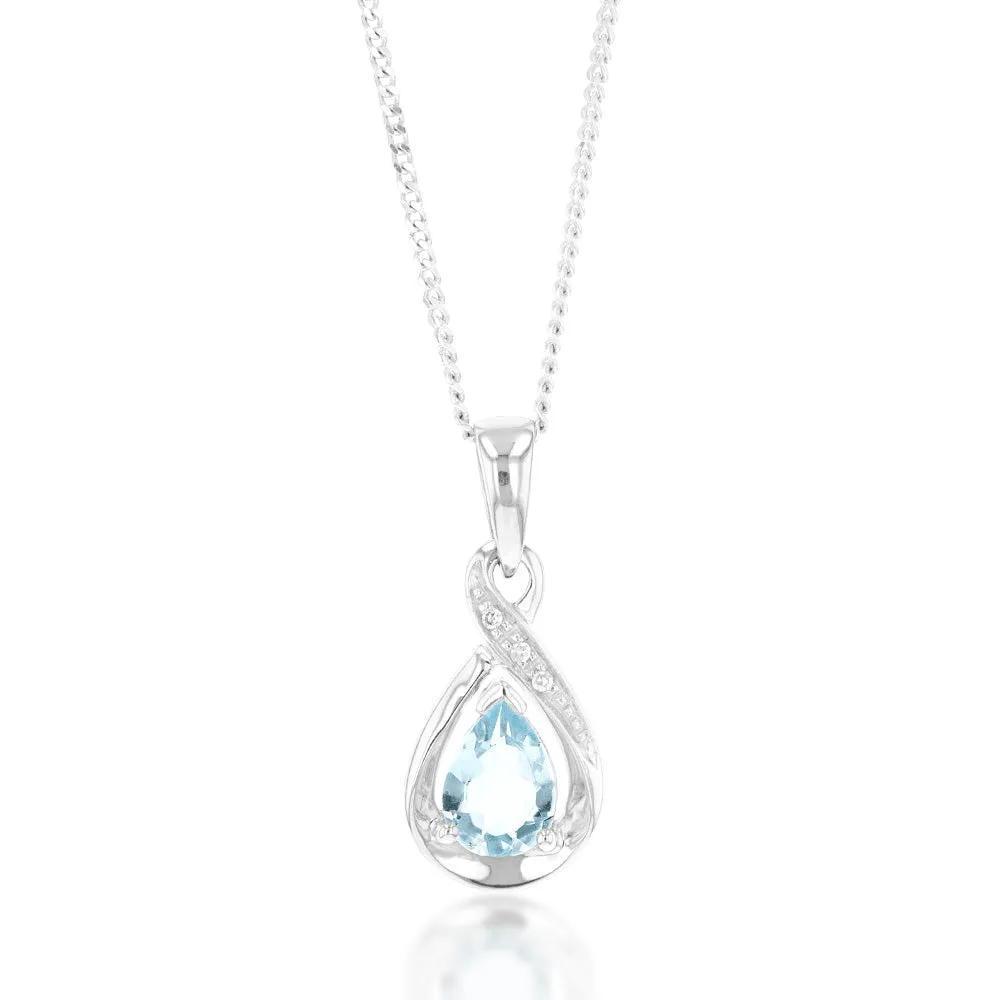 9ct White Gold Pear Shaped Aquamarine   Diamond Pendant