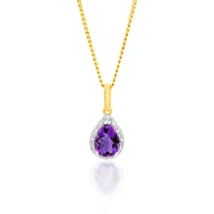 9ct Yellow Gold  Amethyst And Diamond Pear Pendant