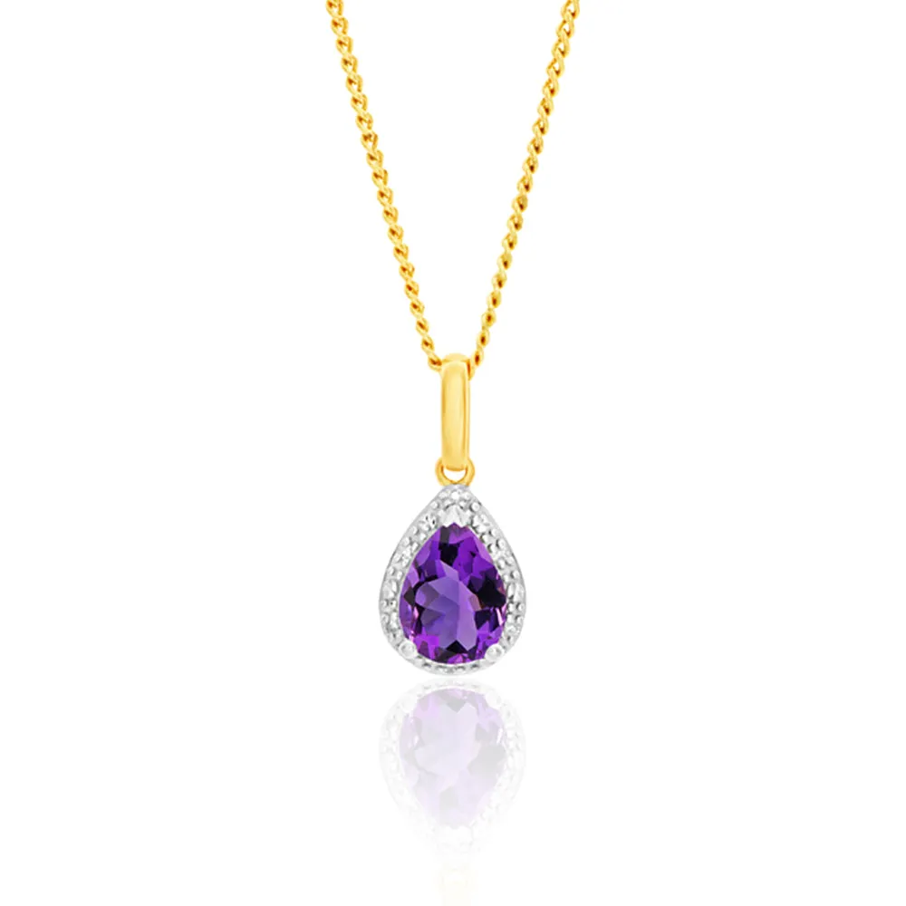 9ct Yellow Gold  Amethyst And Diamond Pear Pendant
