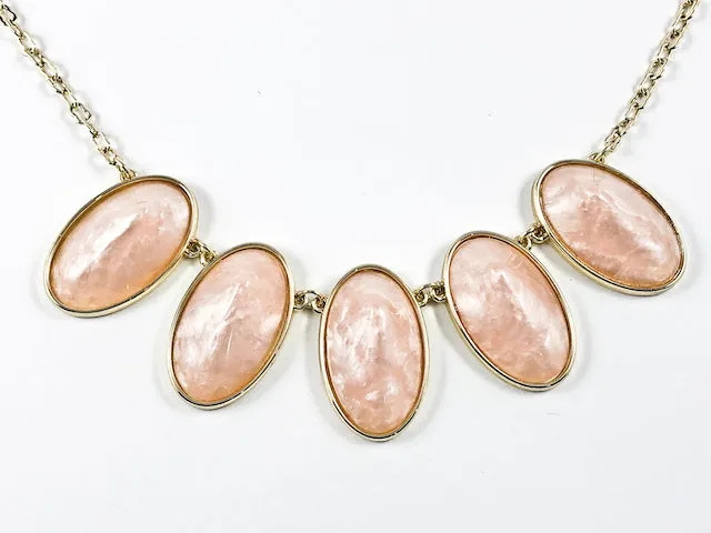 Beautiful Elegant Pink Enamel Oval Shaped Brass Necklace