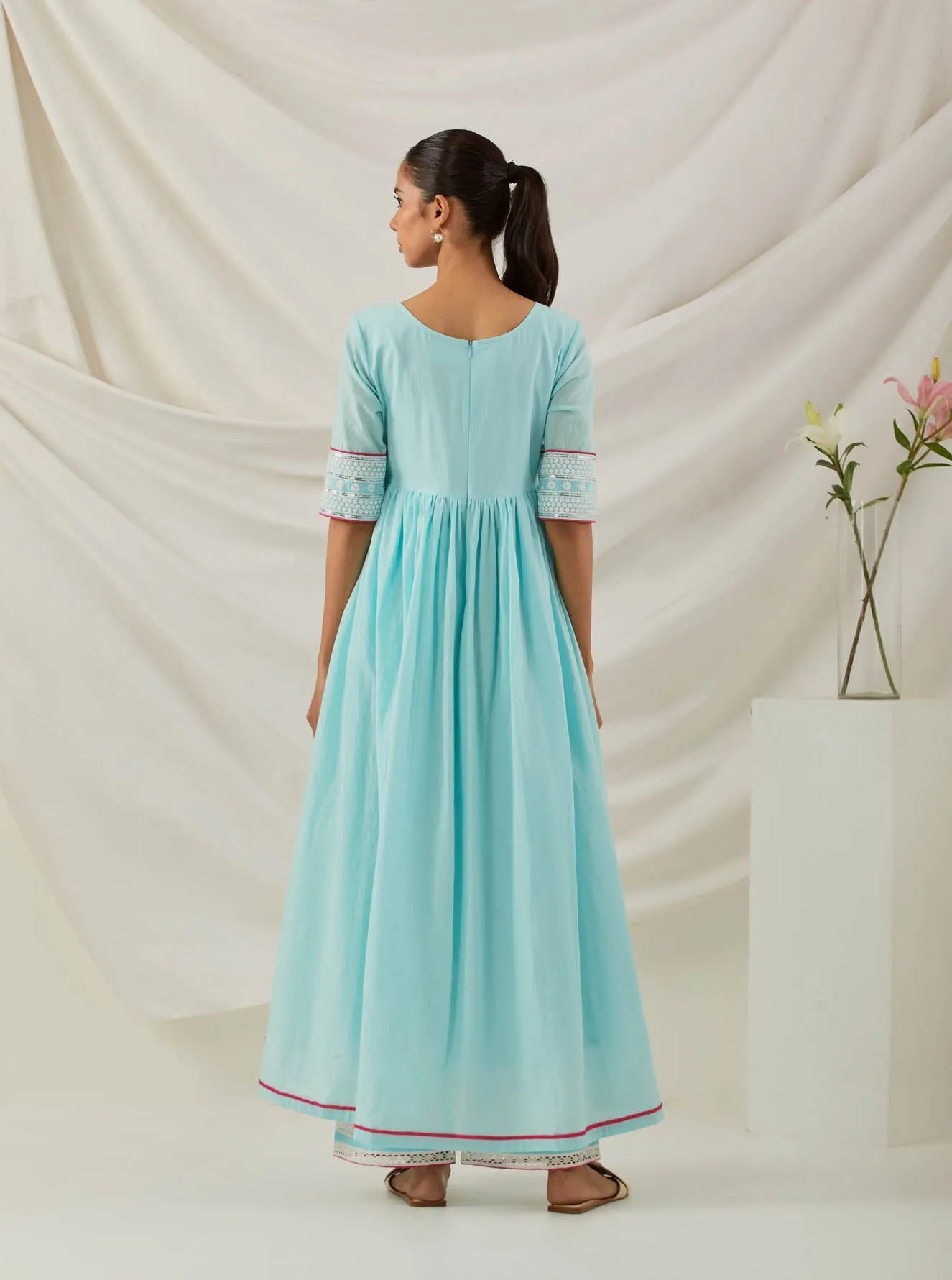 Blue Plain Markab Anarkali Kurta With Chikankari Border and Palazzo with lace detail & Dupatta (Set of 3)