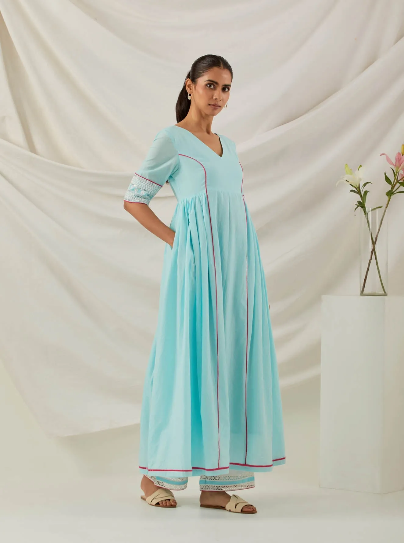 Blue Plain Markab Anarkali Kurta With Chikankari Border and Palazzo with lace detail & Dupatta (Set of 3)