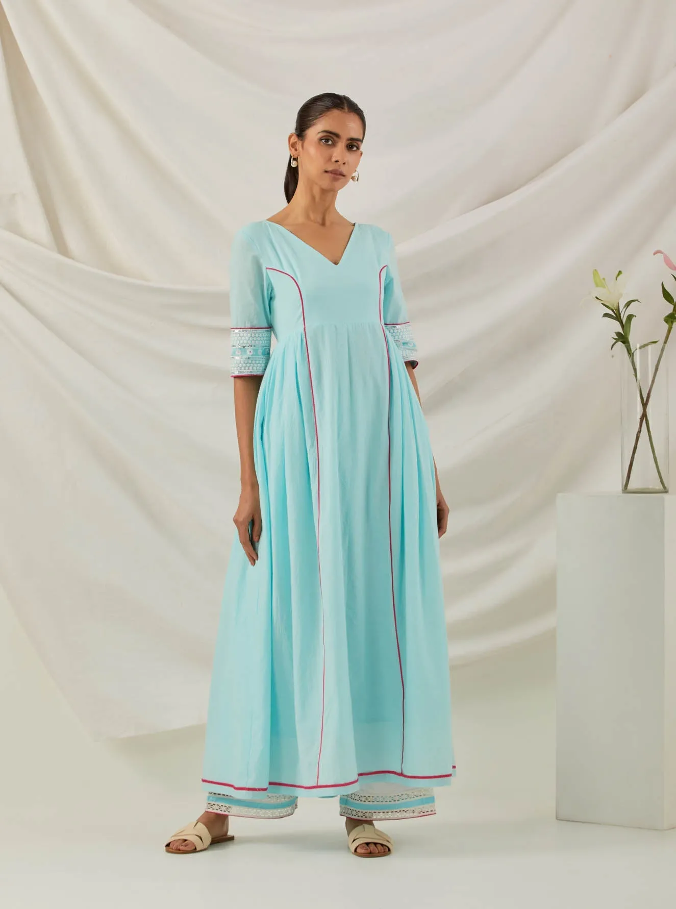 Blue Plain Markab Anarkali Kurta With Chikankari Border and Palazzo with lace detail & Dupatta (Set of 3)