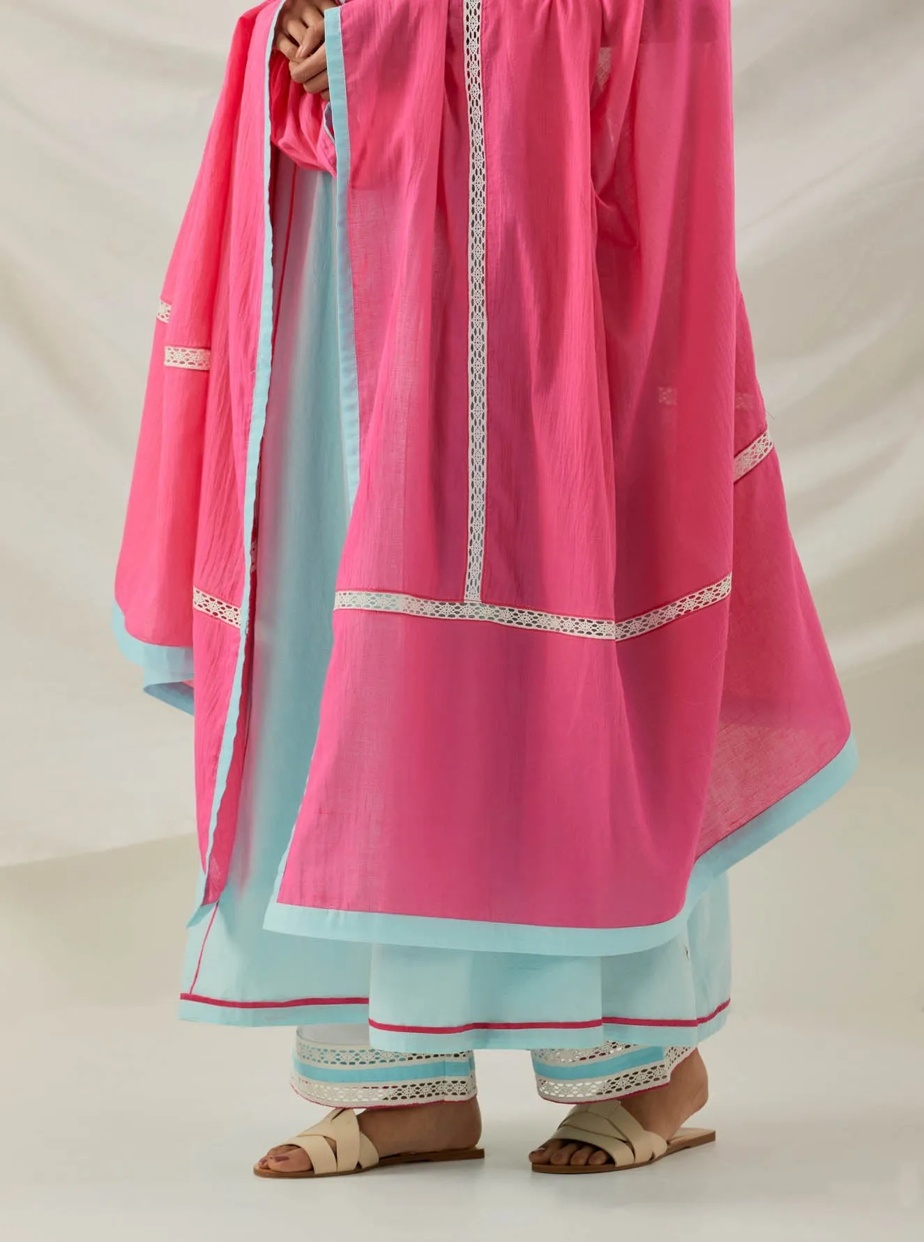Blue Plain Markab Anarkali Kurta With Chikankari Border and Palazzo with lace detail & Dupatta (Set of 3)