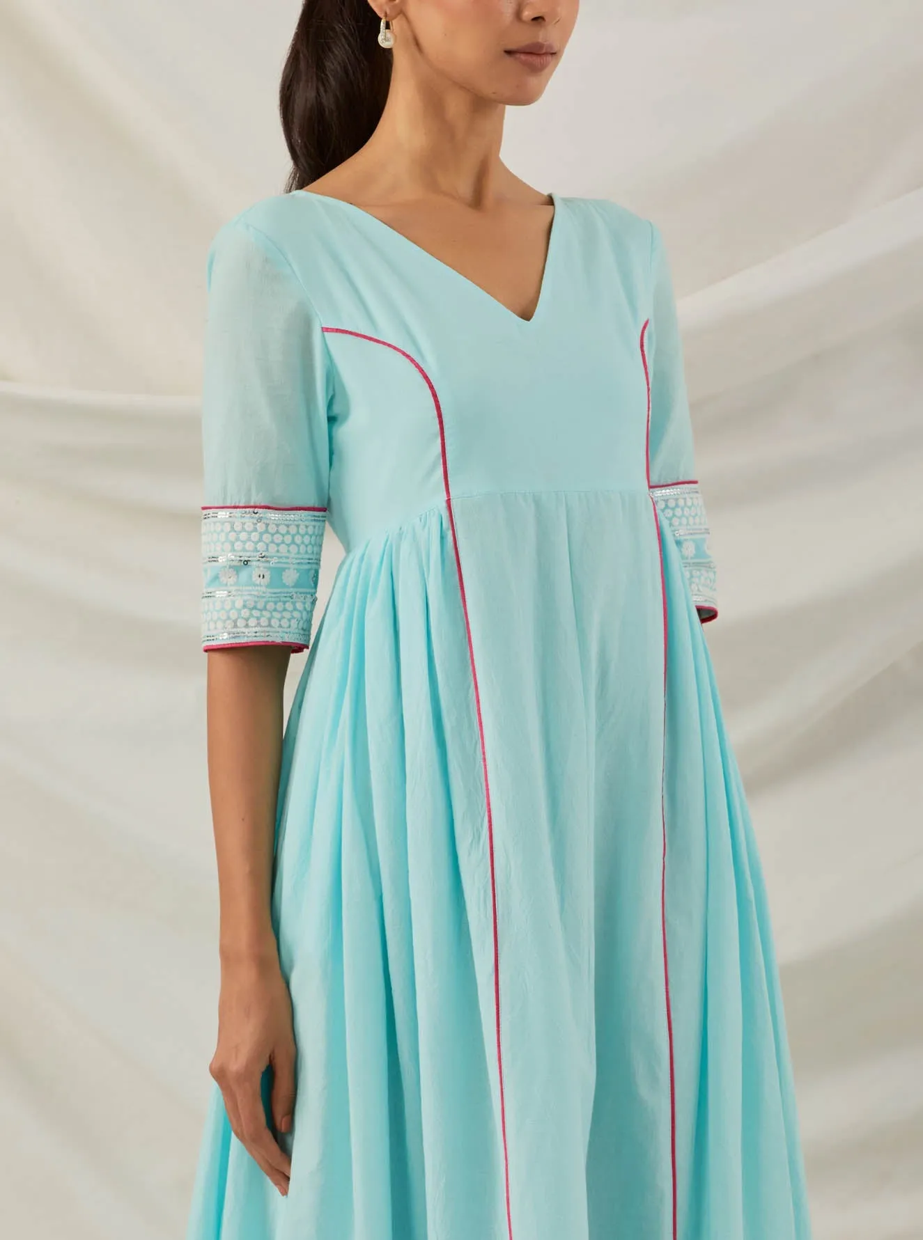 Blue Plain Markab Anarkali Kurta With Chikankari Border and Palazzo with lace detail & Dupatta (Set of 3)