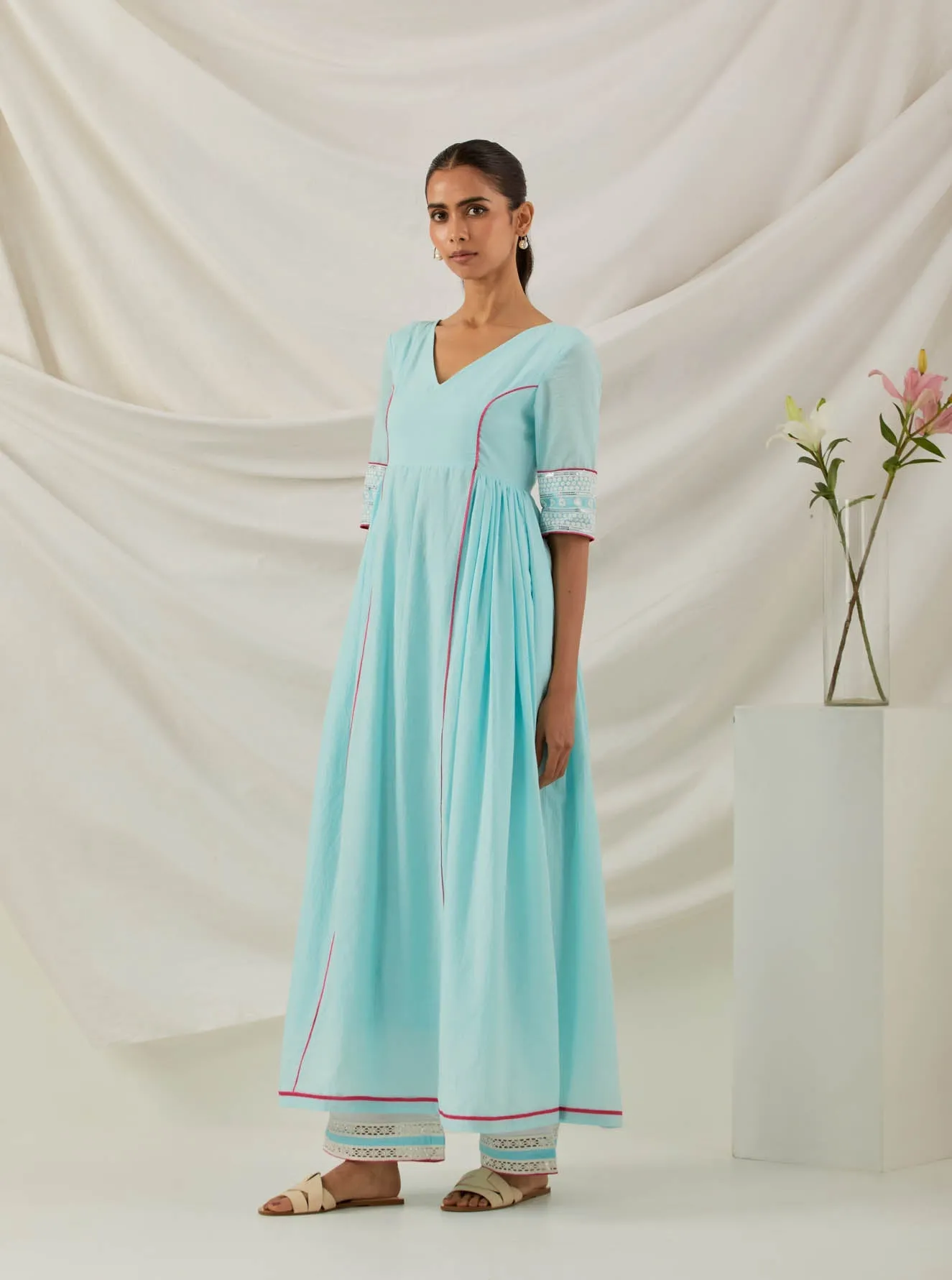 Blue Plain Markab Anarkali Kurta With Chikankari Border and Palazzo with lace detail & Dupatta (Set of 3)