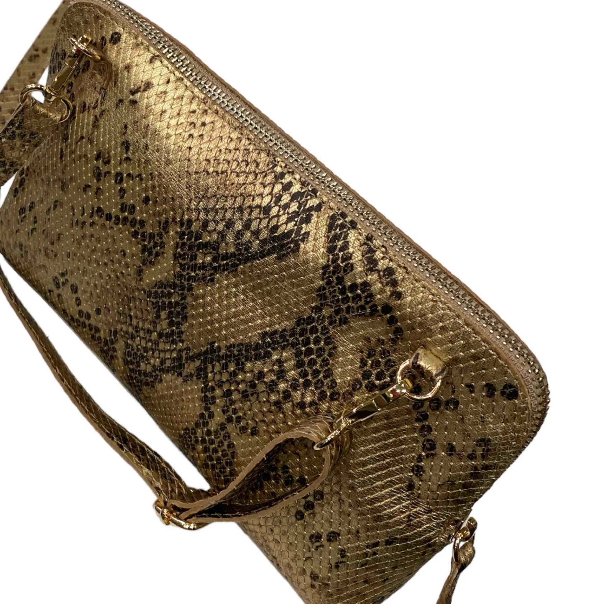 Box XL. Gold snake-print leather messenger bag