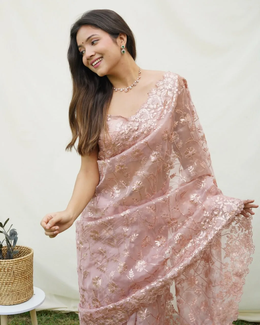 Brown Soft Pure Organza Saree with Shimmering Viscose Embroidery