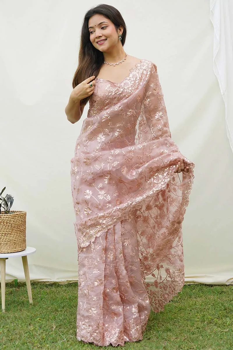 Brown Soft Pure Organza Saree with Shimmering Viscose Embroidery