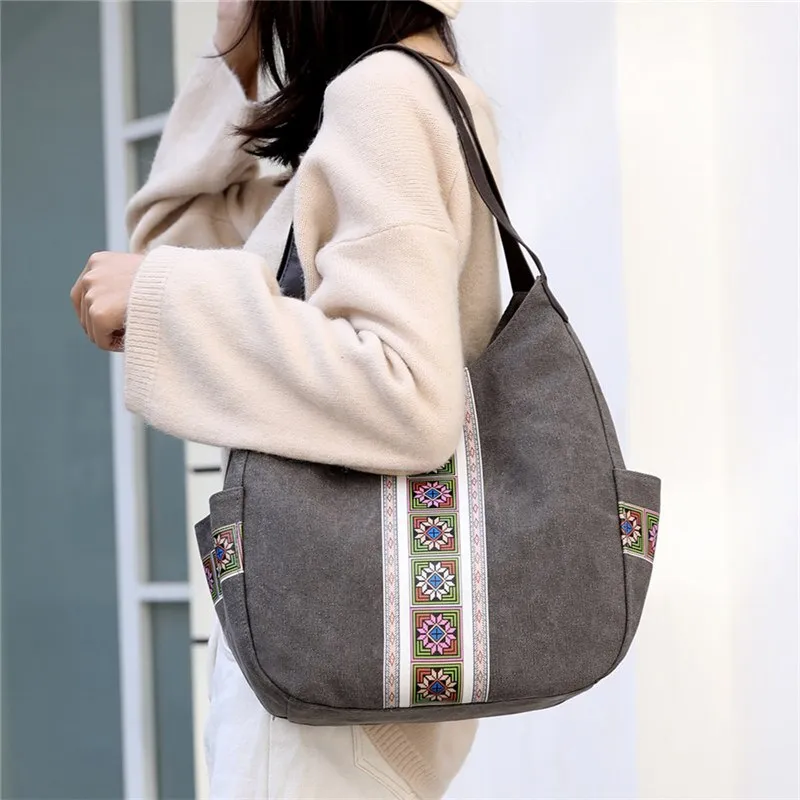 Canvas Printing Hand Bags for Women Casual Large Hobo Shoulder Tote Handbags Female Portable Cloth Pocket Zipper Big Shopper Bag
