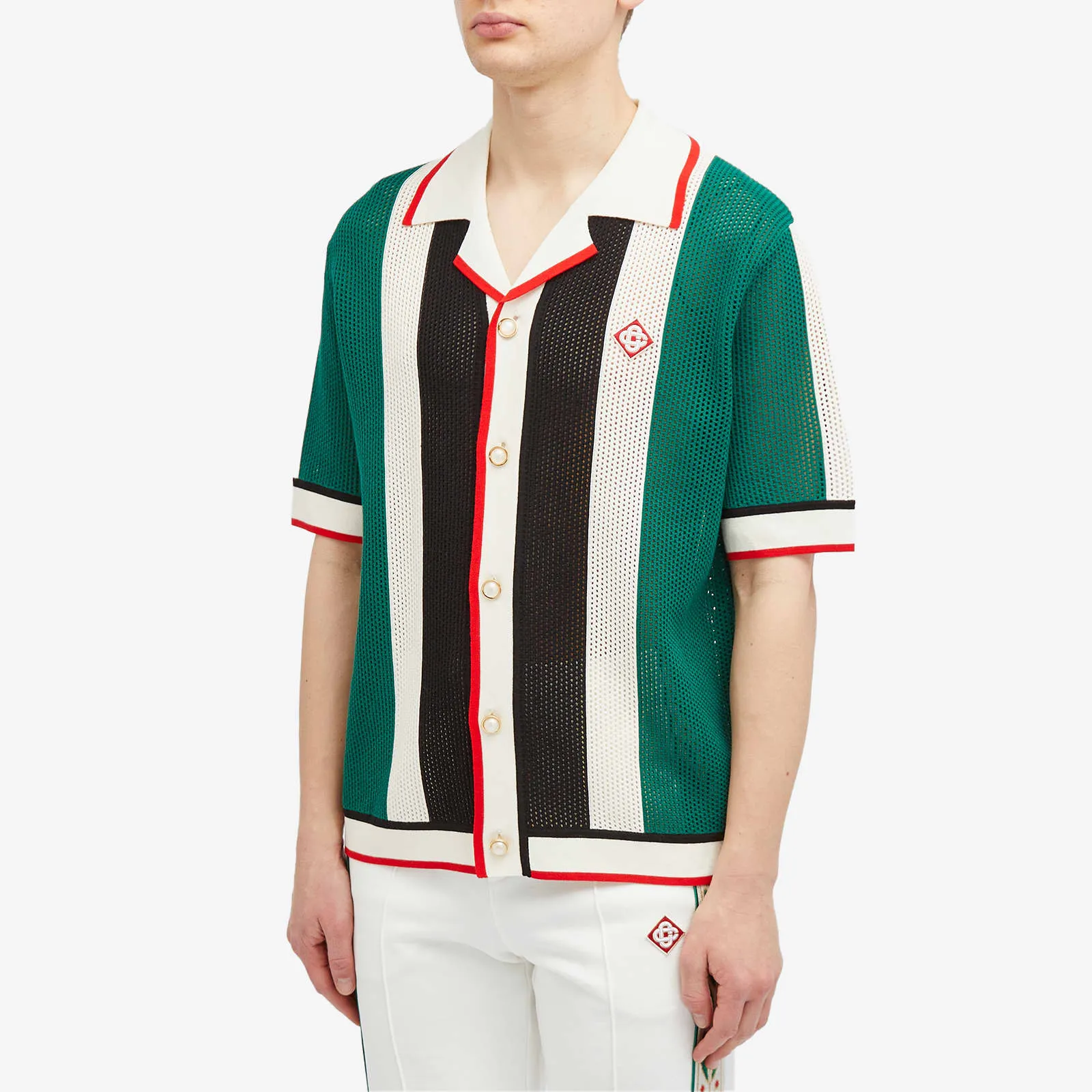 Casablanca Striped Mesh Short Sleeve Shirt, Green & White Stripes