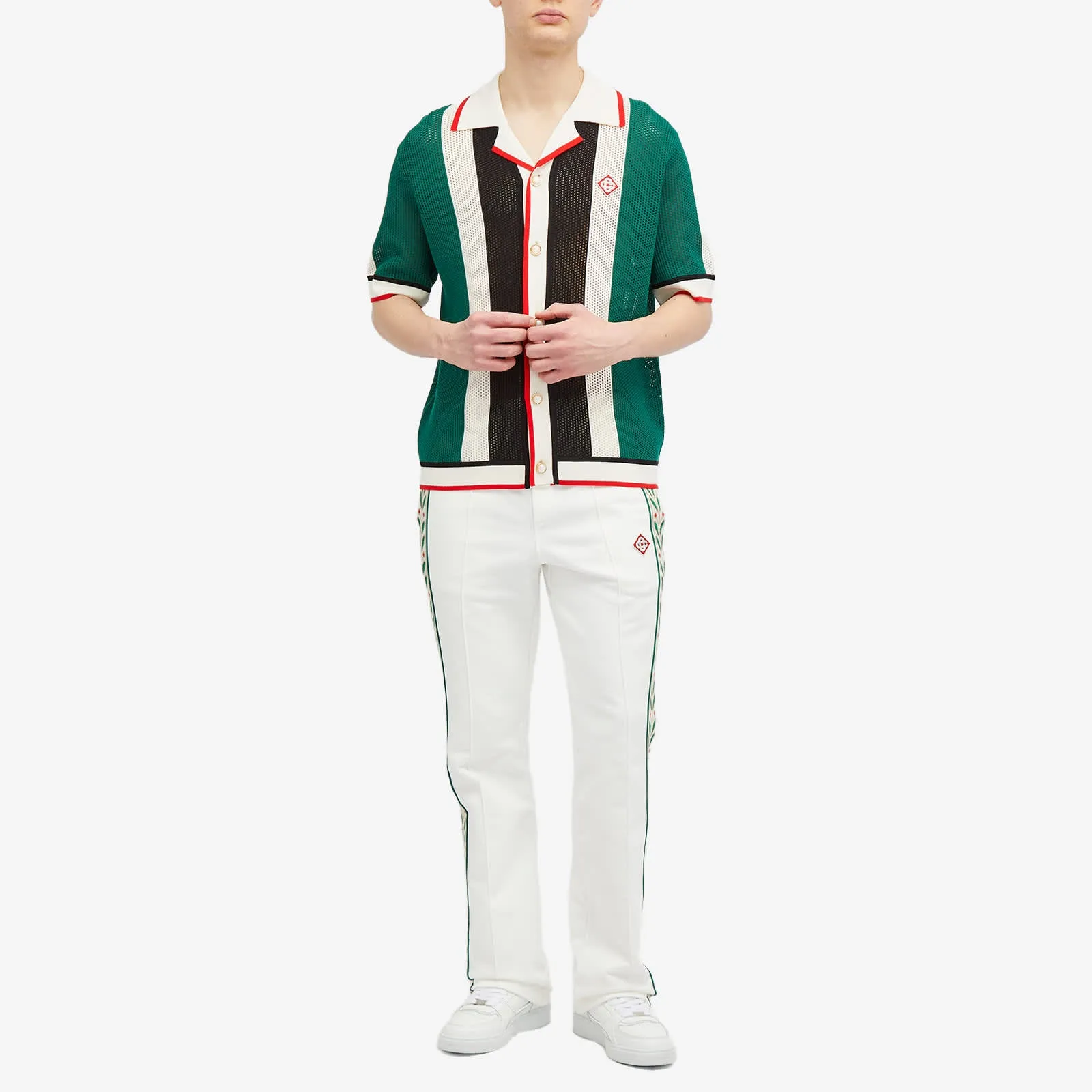 Casablanca Striped Mesh Short Sleeve Shirt, Green & White Stripes