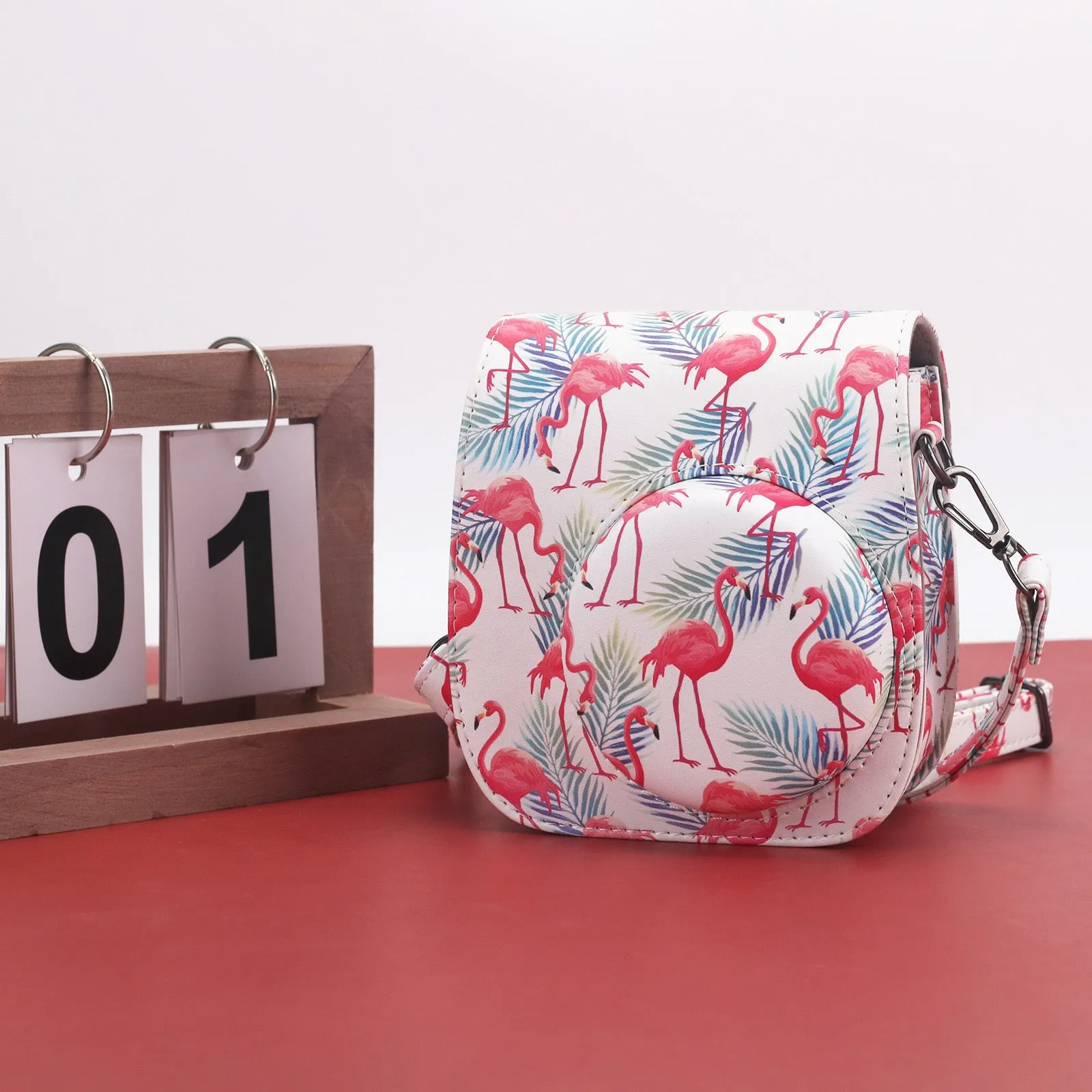 Case for Fujifilm Instax Mini 11/12 Case PU Leather Instant Camera Cover with Adjustable Strap- Flamingo White