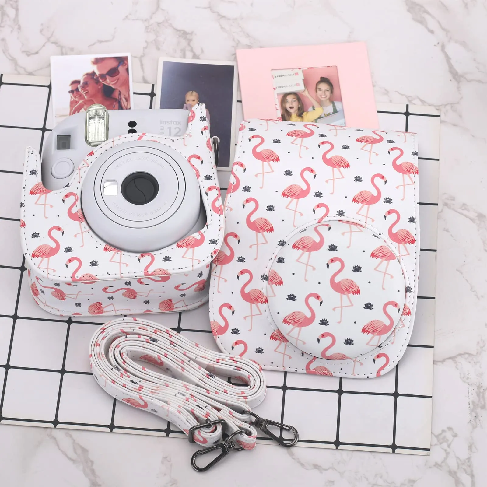 Case for Fujifilm Instax Mini 11/12 Case PU Leather Instant Camera Cover with Adjustable Strap- Flamingo White