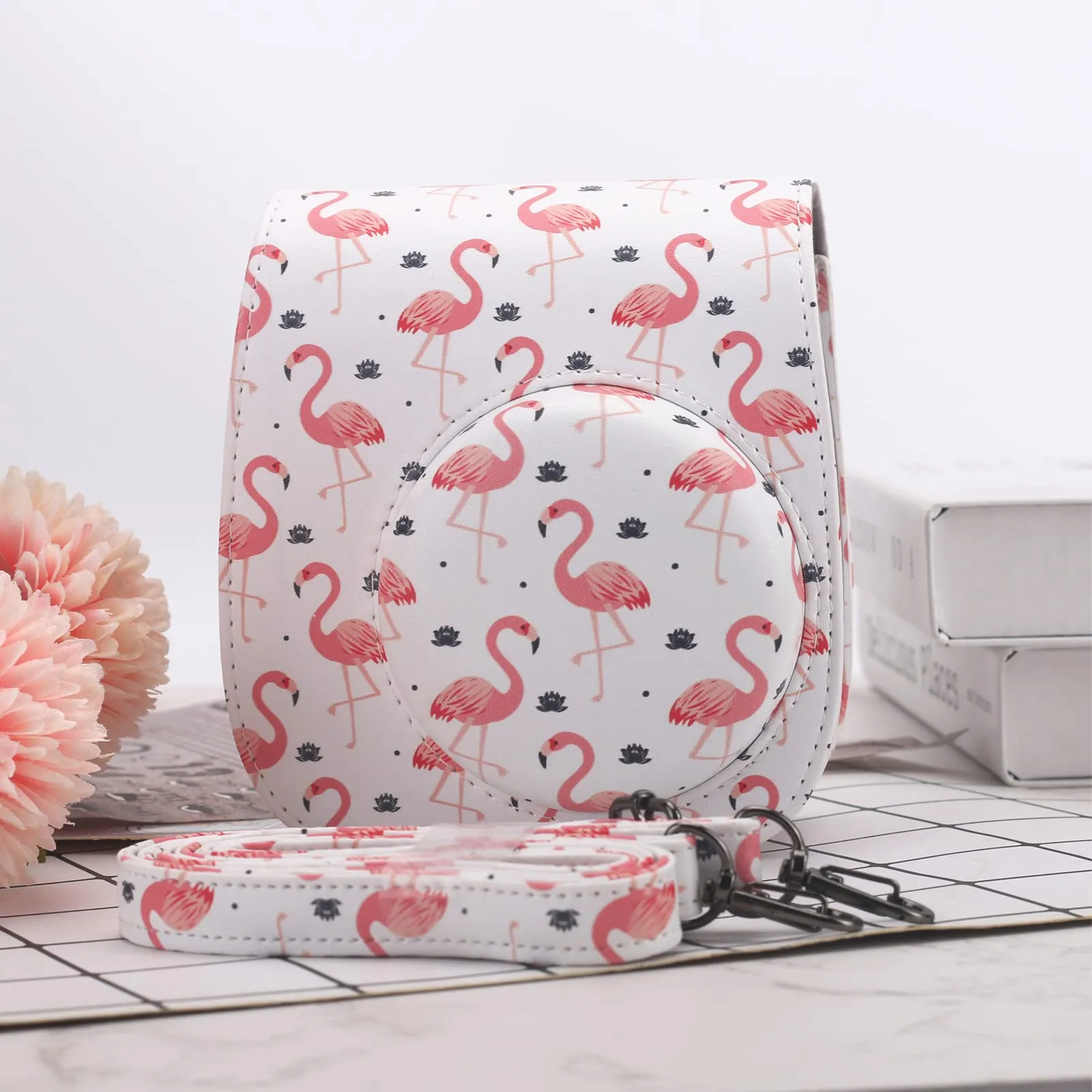 Case for Fujifilm Instax Mini 11/12 Case PU Leather Instant Camera Cover with Adjustable Strap- Flamingo White