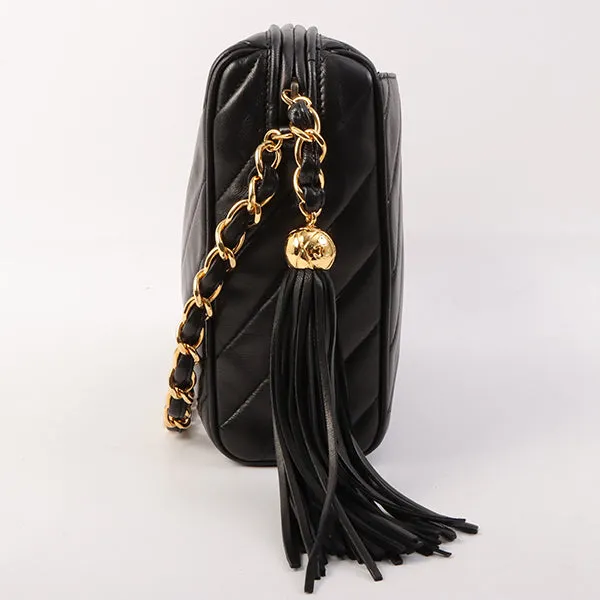 Chanel Around 1995 Made Mademoiselle Stitch Fringe Chain Bag Black