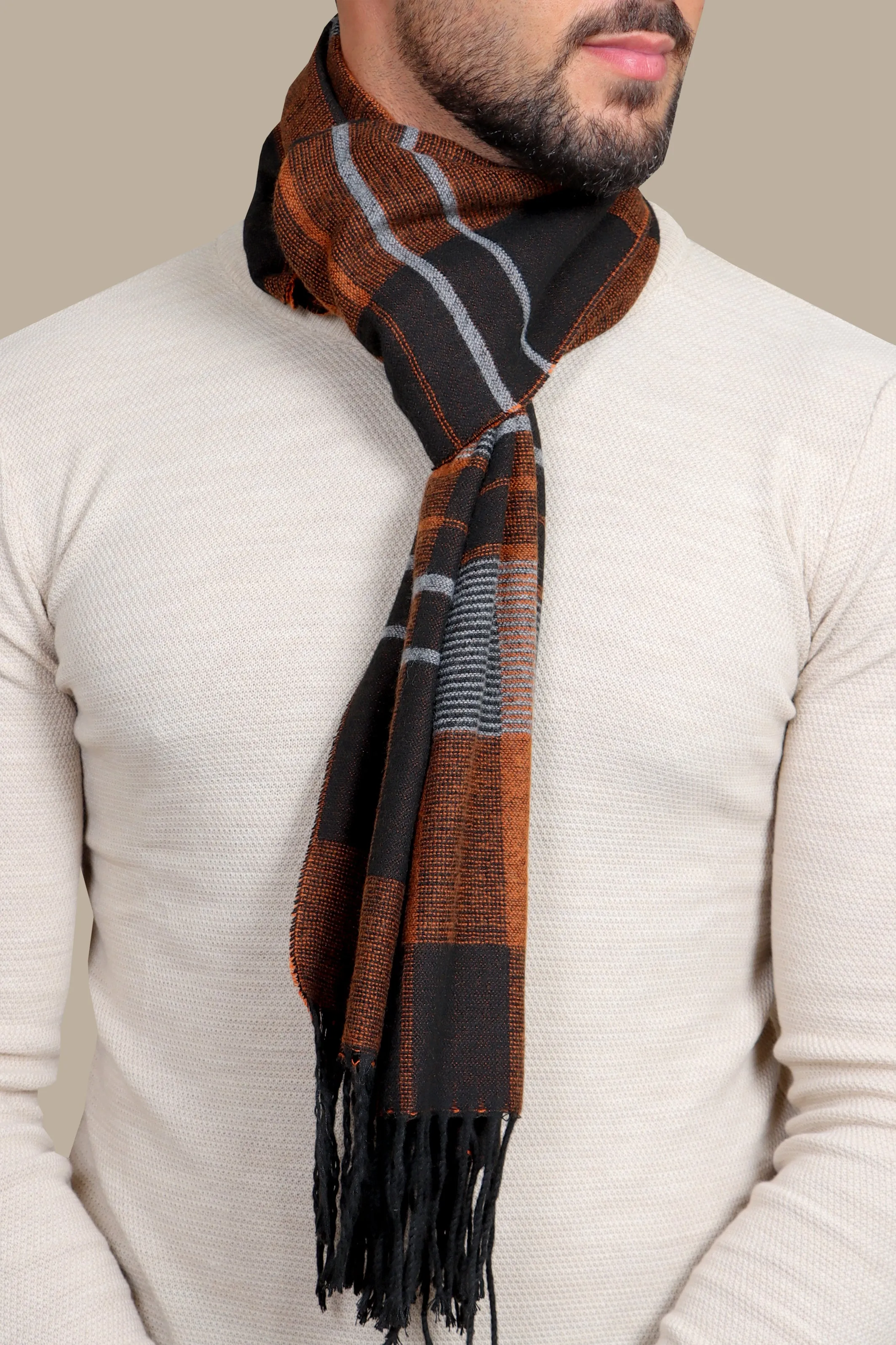 Chic Contrast: Black and Orange Wool Scarf with Striking Elegance