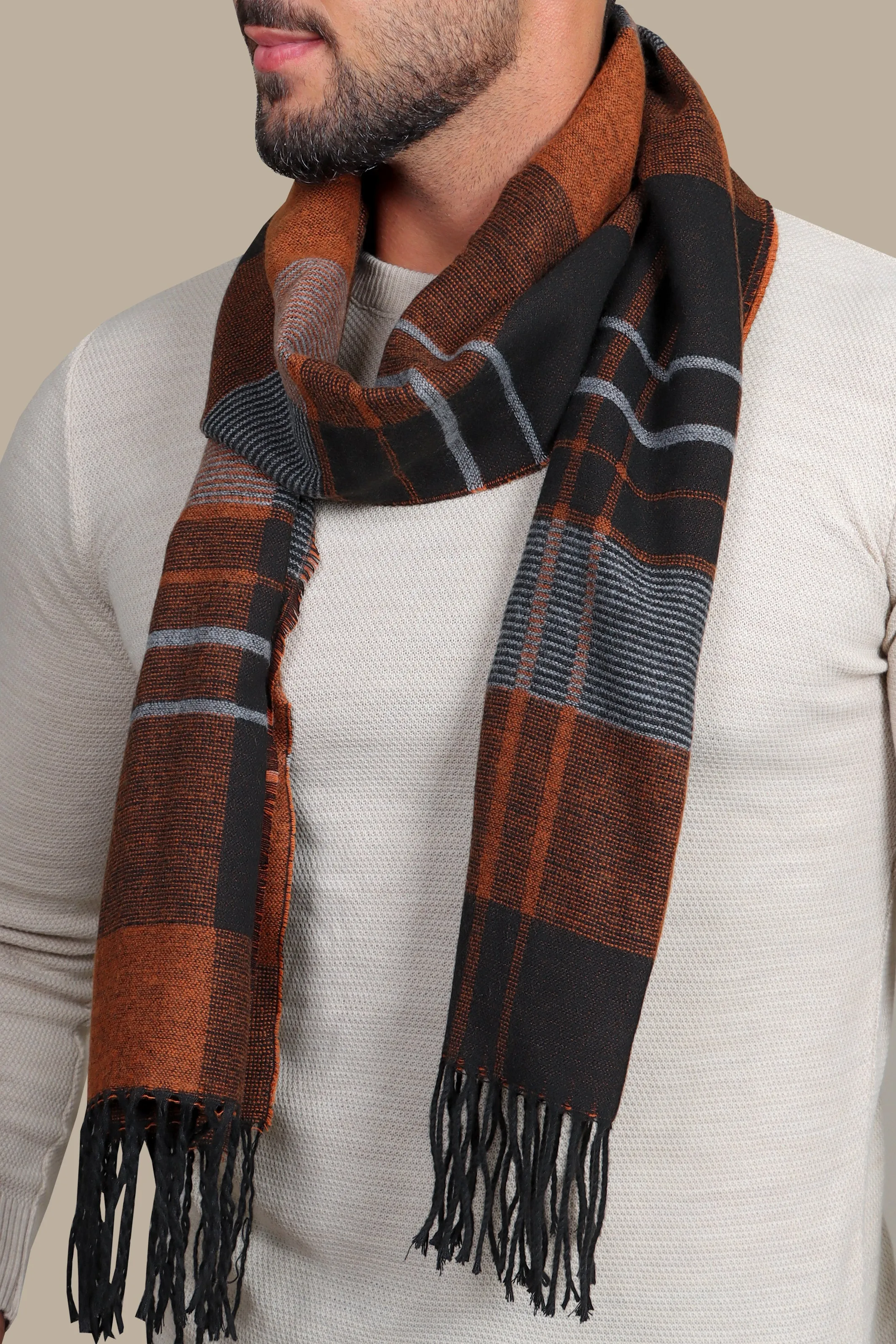 Chic Contrast: Black and Orange Wool Scarf with Striking Elegance