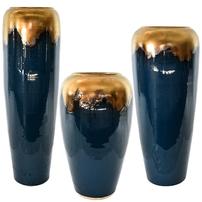 Chic Terracotta Planter – Striking Blue & Gold Accent for Stylish Spaces