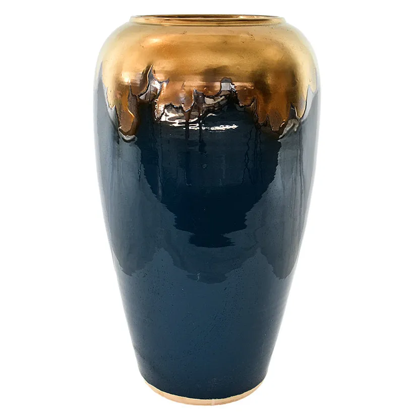 Chic Terracotta Planter – Striking Blue & Gold Accent for Stylish Spaces
