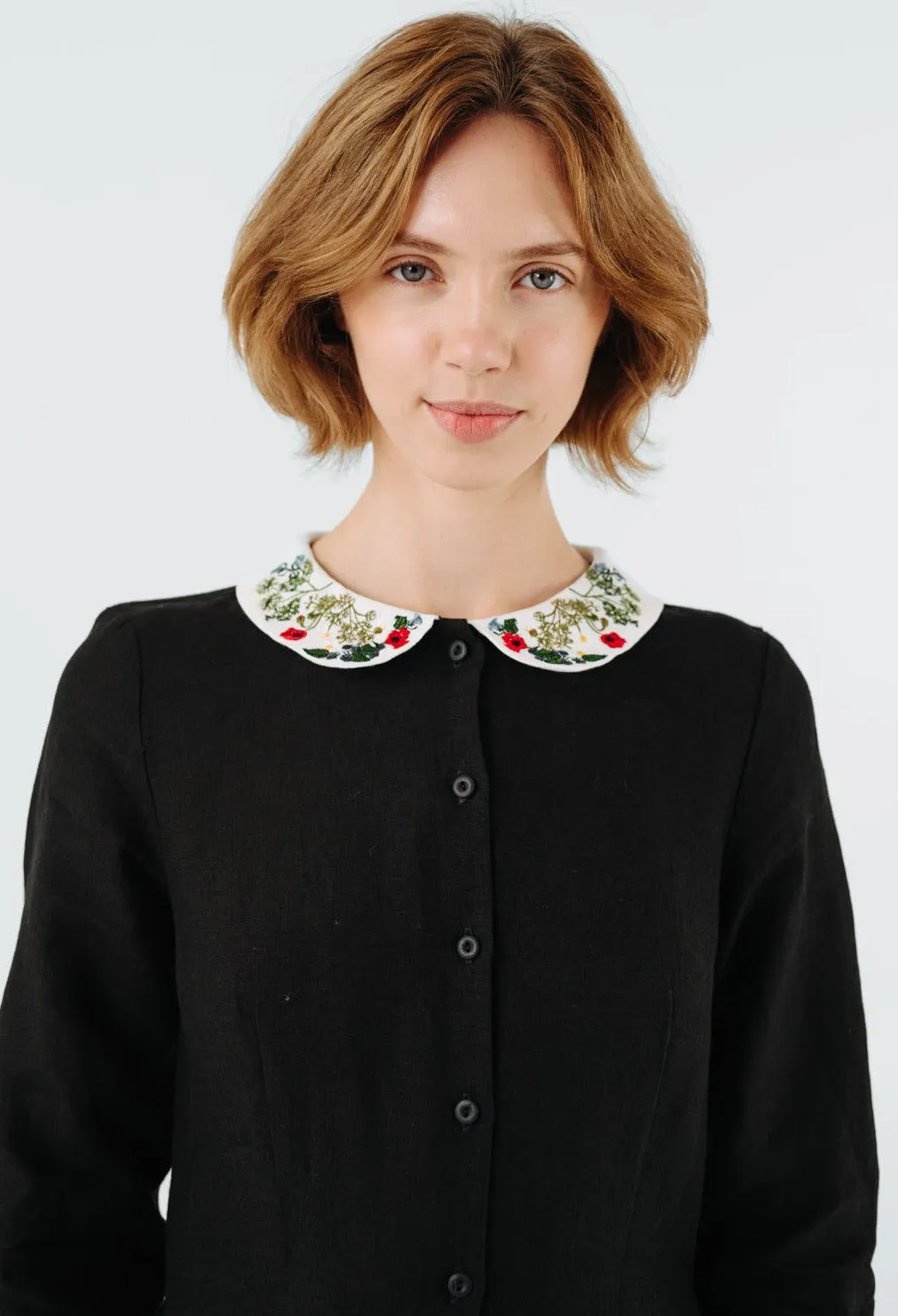 Classic Dress with Embroidered Garden Collar, Long Sleeve