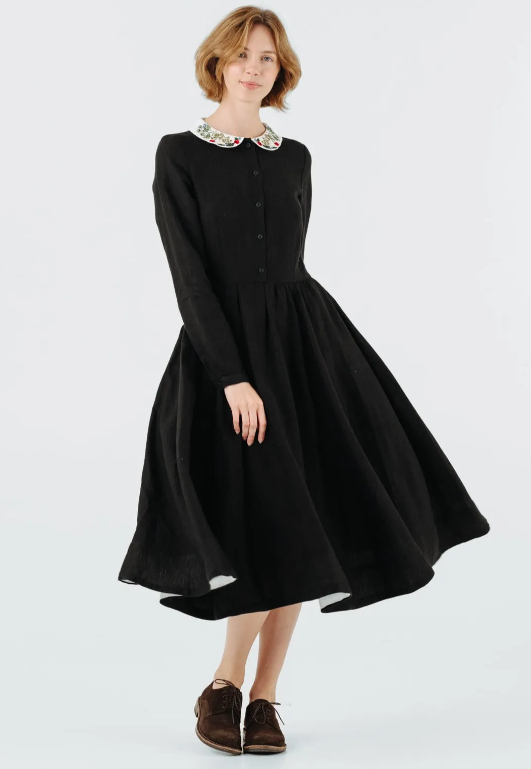 Classic Dress with Embroidered Garden Collar, Long Sleeve