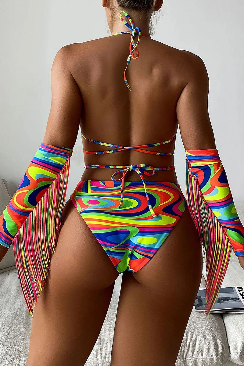 Colorful Ripple Print Striking Strappy Bikini With Tassel Oversleeve