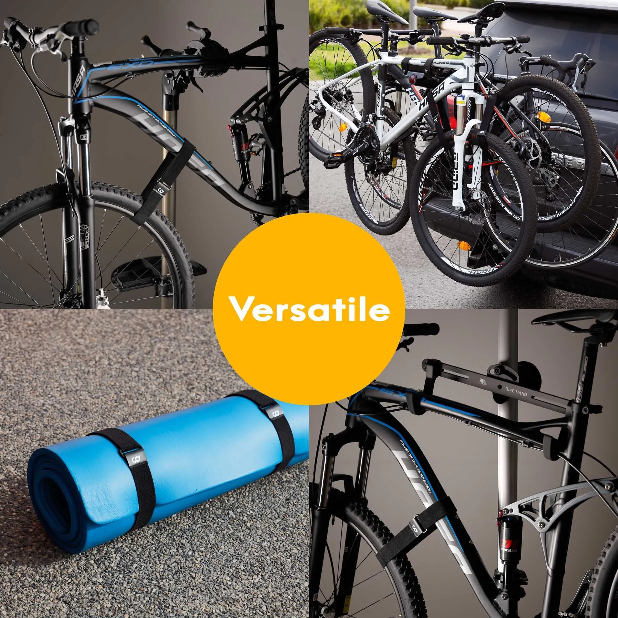 CyclingDeal Pack of 2 Bike Rack Straps - Bicycle Wheel Stabilizer for Car, Garage Rack, Repair Stand - Double Sided Extra Long Adjustable Hook and Loop Straps - Universal Fit For All Size Bikes