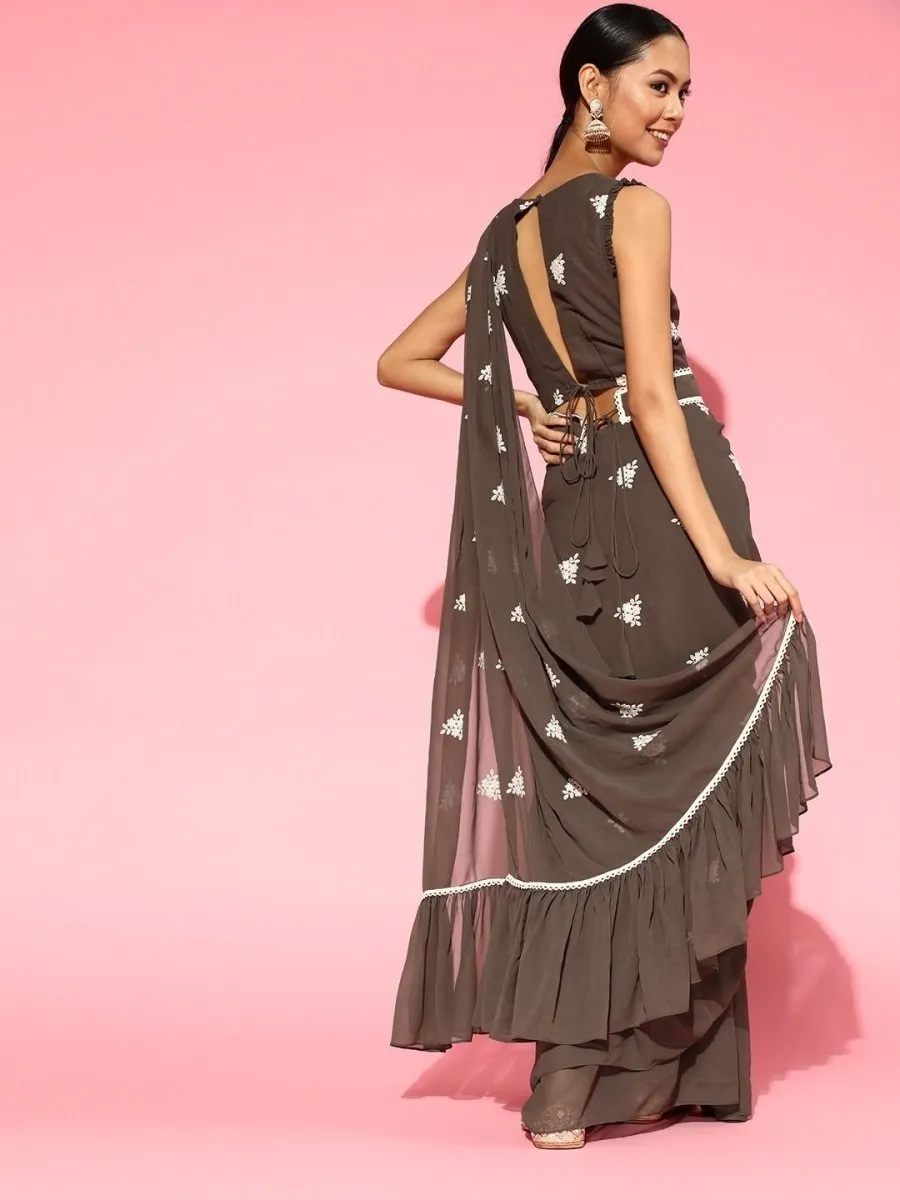 Dark Taupe Embroidered Ruffled Saree