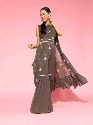 Dark Taupe Embroidered Ruffled Saree