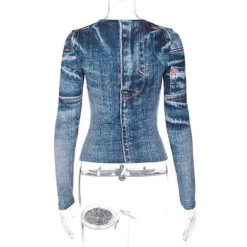 Denim Print Stylish Long Sleeve Top