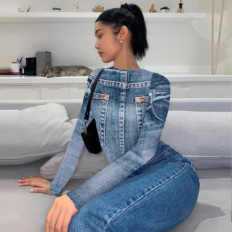 Denim Print Stylish Long Sleeve Top