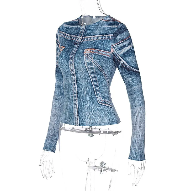 Denim Print Stylish Long Sleeve Top