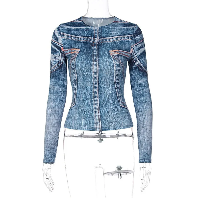 Denim Print Stylish Long Sleeve Top