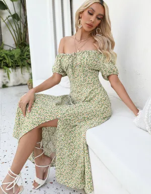 Disty Floral U Neck Slits Short Sleeve Midi A-line Dresses